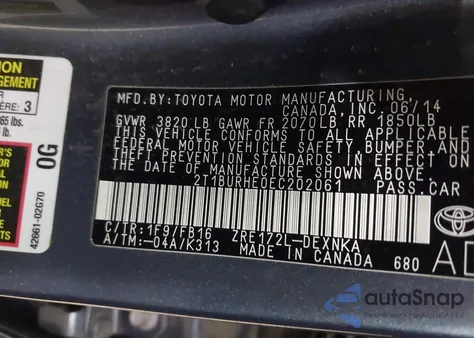 2014 Toyota Corolla Le from USA, damaged, VIN 2T1BURHE0EC202061